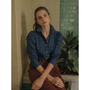 RARE KMJ Daisy Demi Fit Reworked Vintage Plaid Puff Sleeve Button Shirt size XS